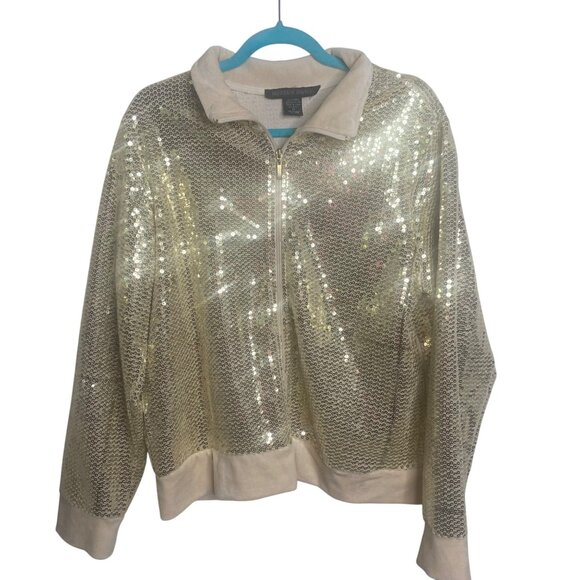 Vintage Cache Gold Sequin Jacket Womens XL Full Zip Party Disco Glam Bomber - Picture 1 of 5